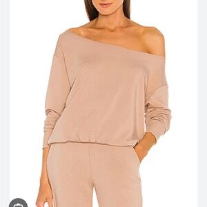 LAGENCE Kimora Warm Taupe Sweatshirt Womens Off The Shoulder Top Sz XS